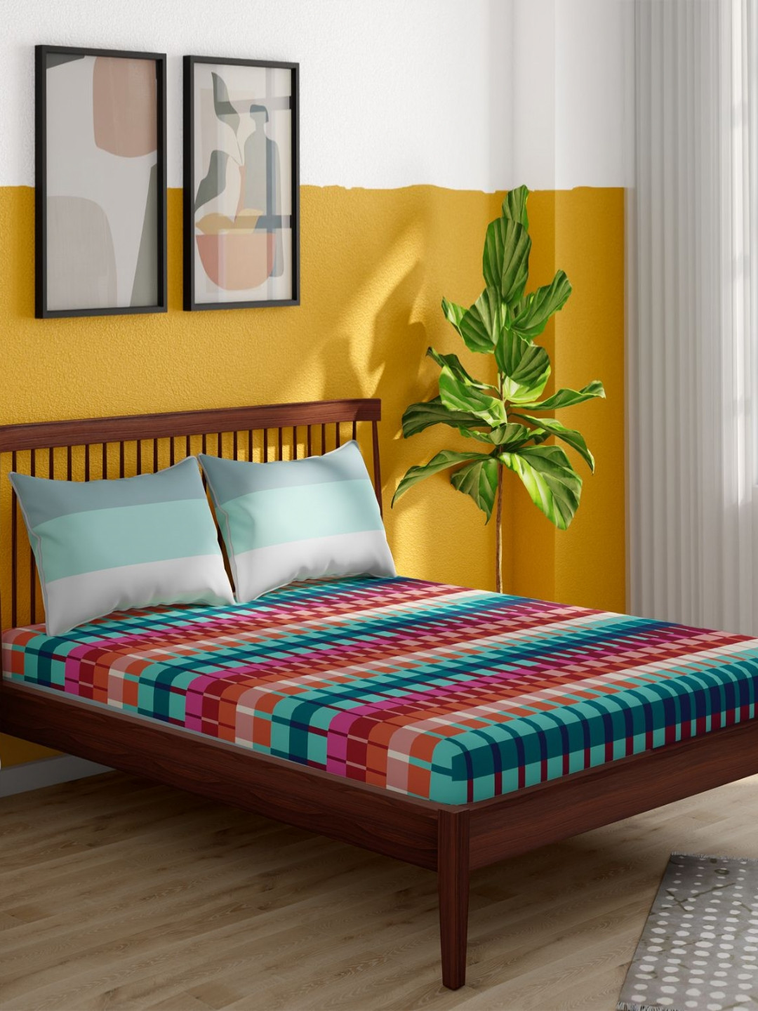 Portico Pixelpop Blue & Red Checked Cotton 152 TC King Bedsheet Set 2.74 m x 2.24 m