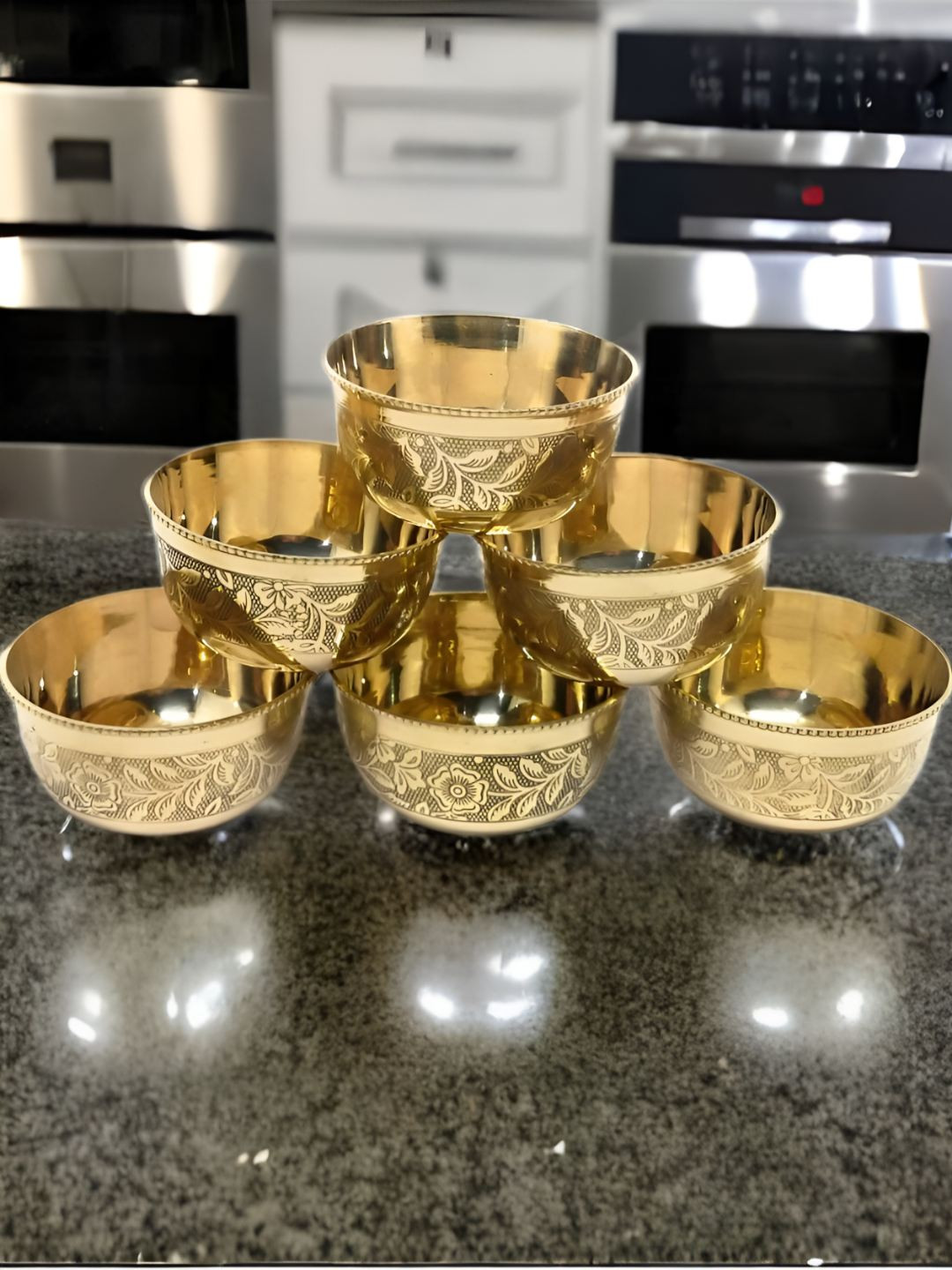 Nyra Kitchenware Bronze-Toned 6 Pieces Embedded Floral Design Brass Dip Bowls-200ml Each