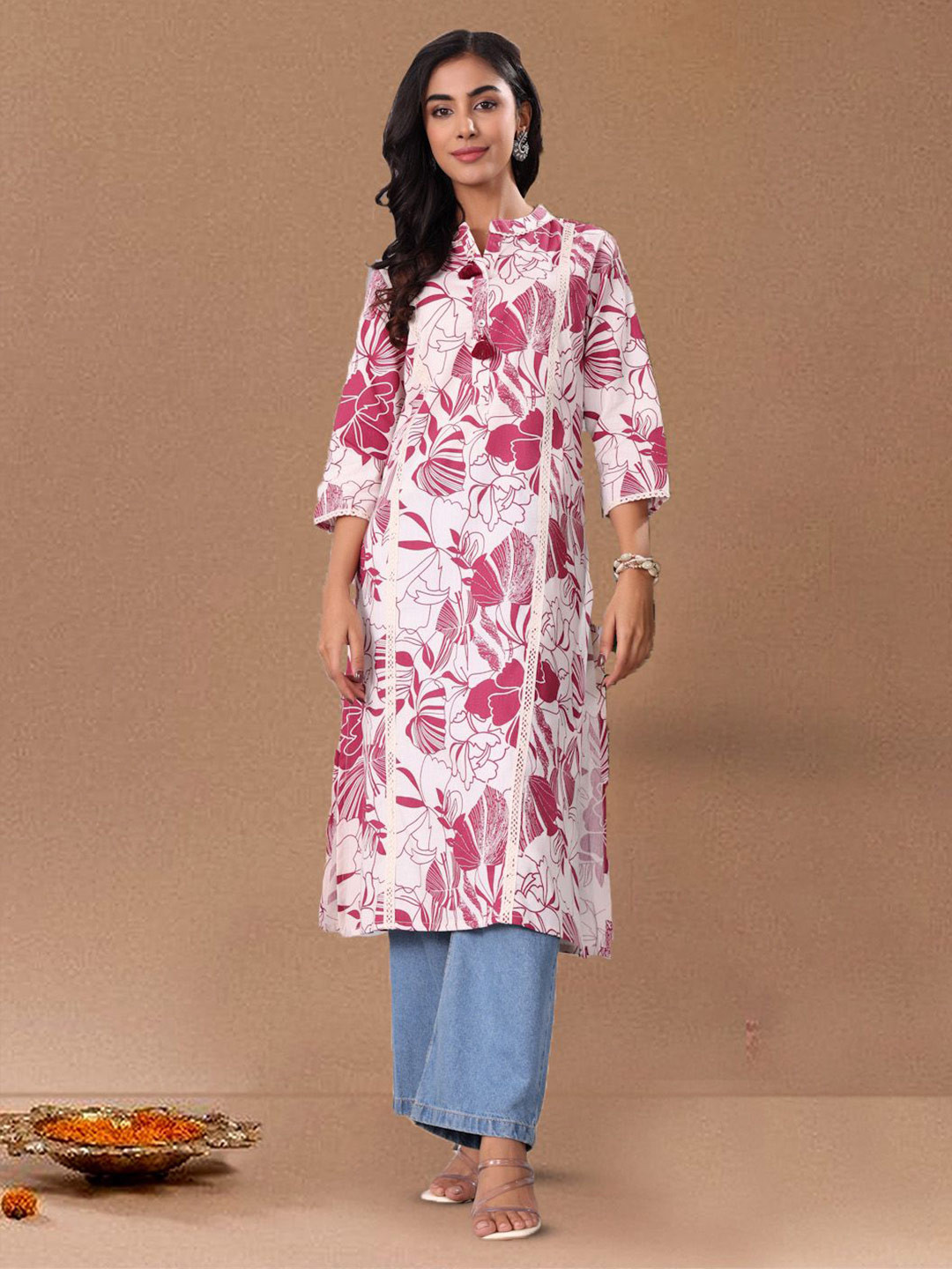 Varanga Floral Printed Mandarin Collar Screen Print Cotton Straight Kurta