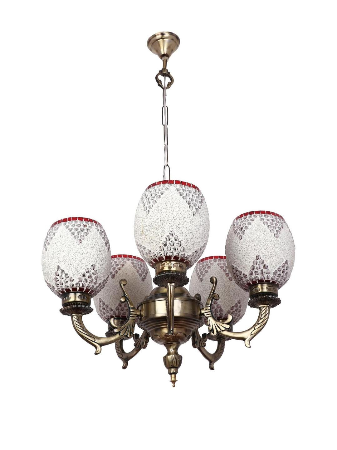 Somil Antique 5-Light Chandelier with Mosaic Glass Shades, Red and White Lighting Effect, Metal Fitting. LED Compatible. Dia: 48 X 48 X 100 Cm.