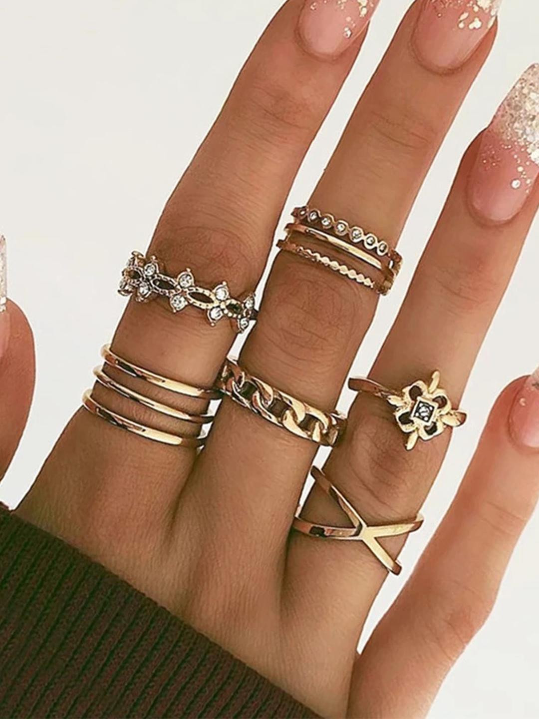 DressBerry Golden 8 Piece White Crystal Cross Chain Ring Set