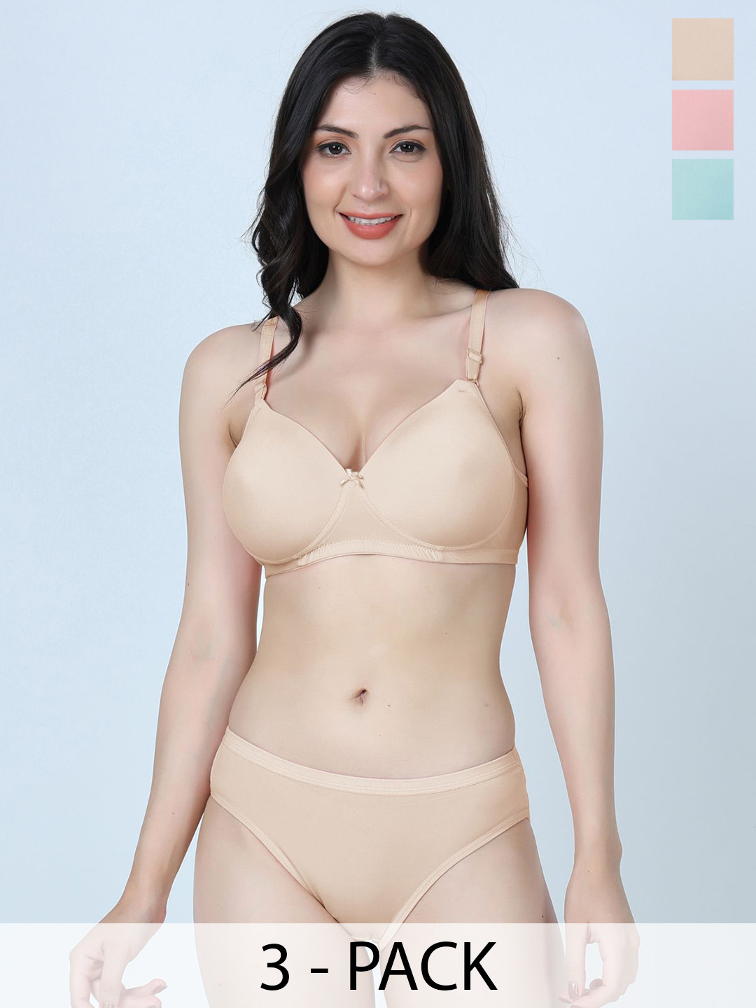 SHYAM SONS FLAIR Pack Of 3 Heavily Padded Lingerie Sets 340Set-Skin-RoseGold-SeaGreen