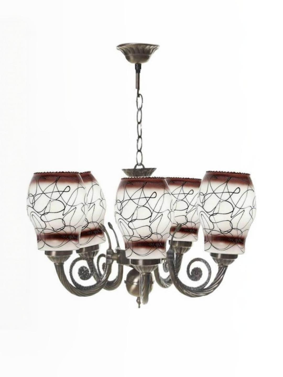 Somil Antique 5-Light Chandelier with Glass Shades, Brown, White and Black Lighting Effect, Metal Fitting. LED Compatible. Dia: 42 X 42 X 100 Cm.