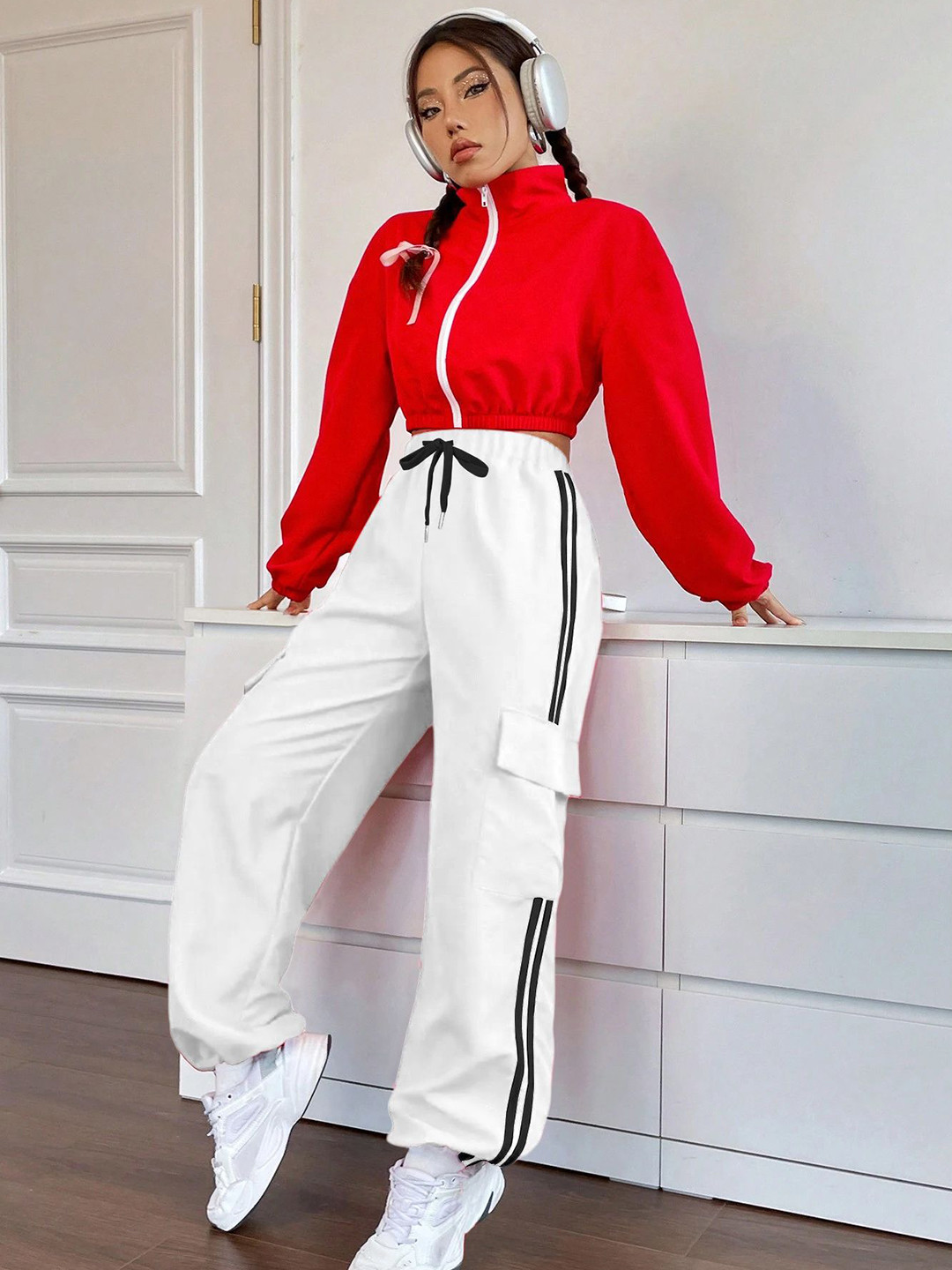 RAJOVATI Women Side Striped Relaxed Fit Cargo Track Pants