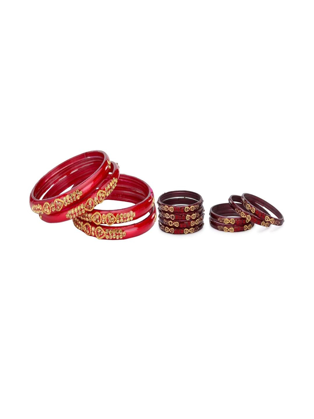 SOMIL Set Of 12 Red And Maroon Glass Artificial Stones and Beads Bangles