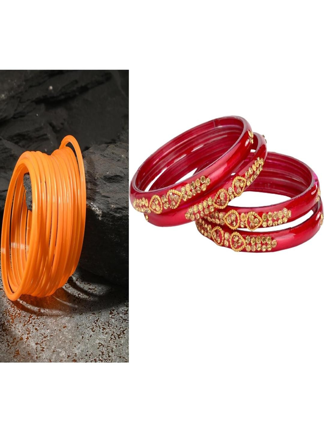 SOMIL Set Of 16 Orange & Red Alloy Artificial Stones Studded Bangles