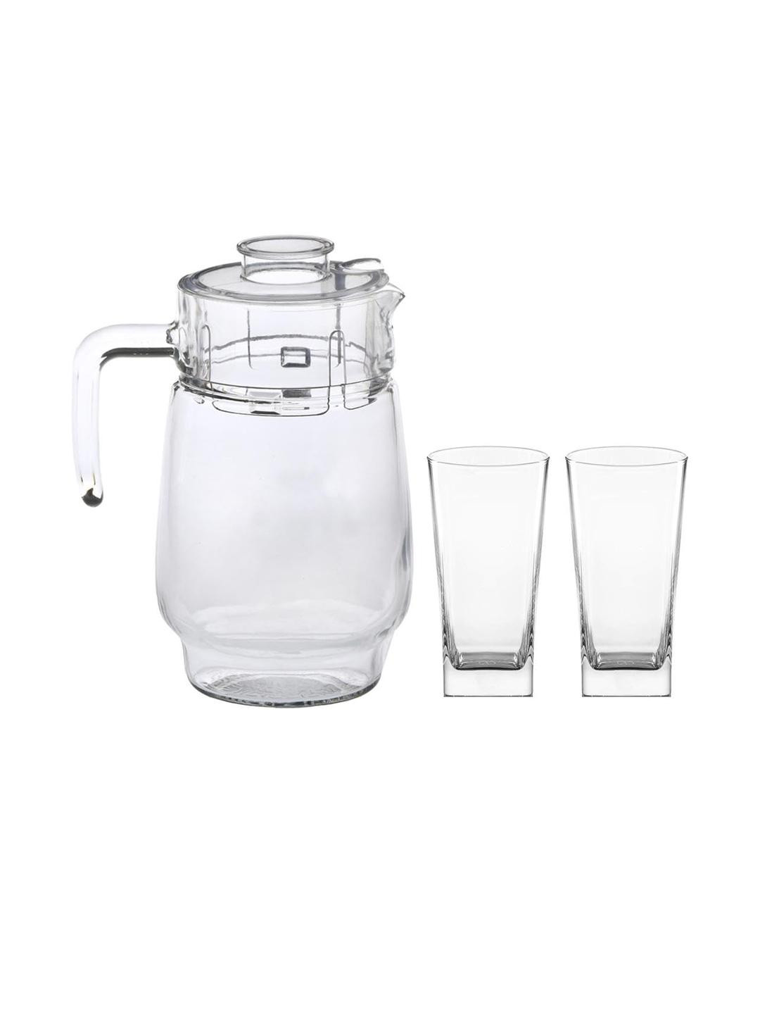 SOMIL Transparent Pack Of 1 Jug With Plastic Lid & 2 Dishwasher Safe Glasses