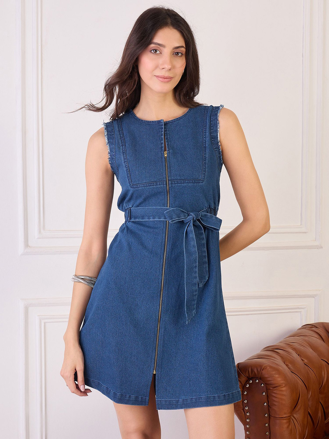 Orchid Blues Women Denim Front Zipper Shift Dress