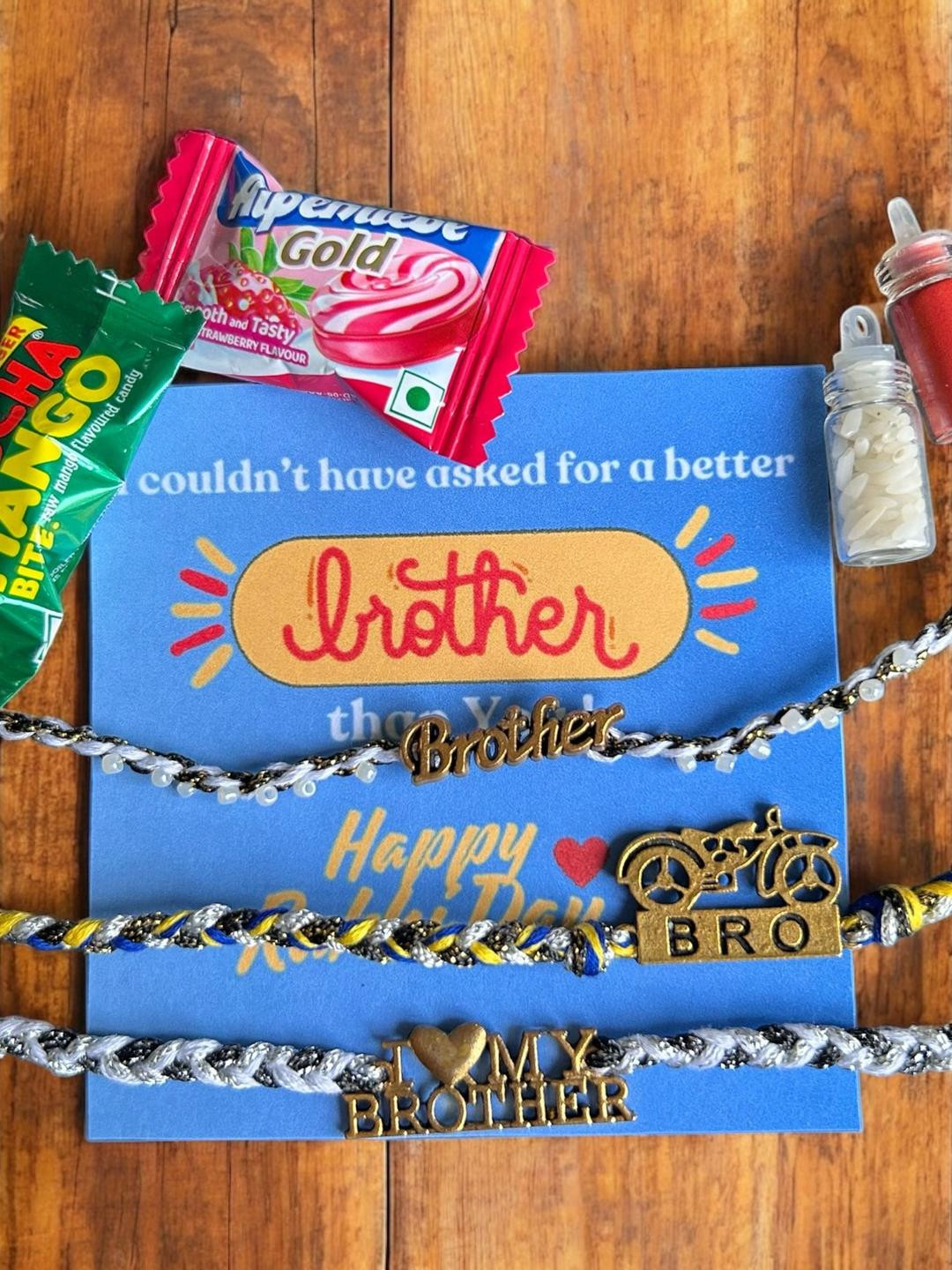 JEWELWATI Set Of 3 Gold Brother Charm Rakhi With Roli Chawal