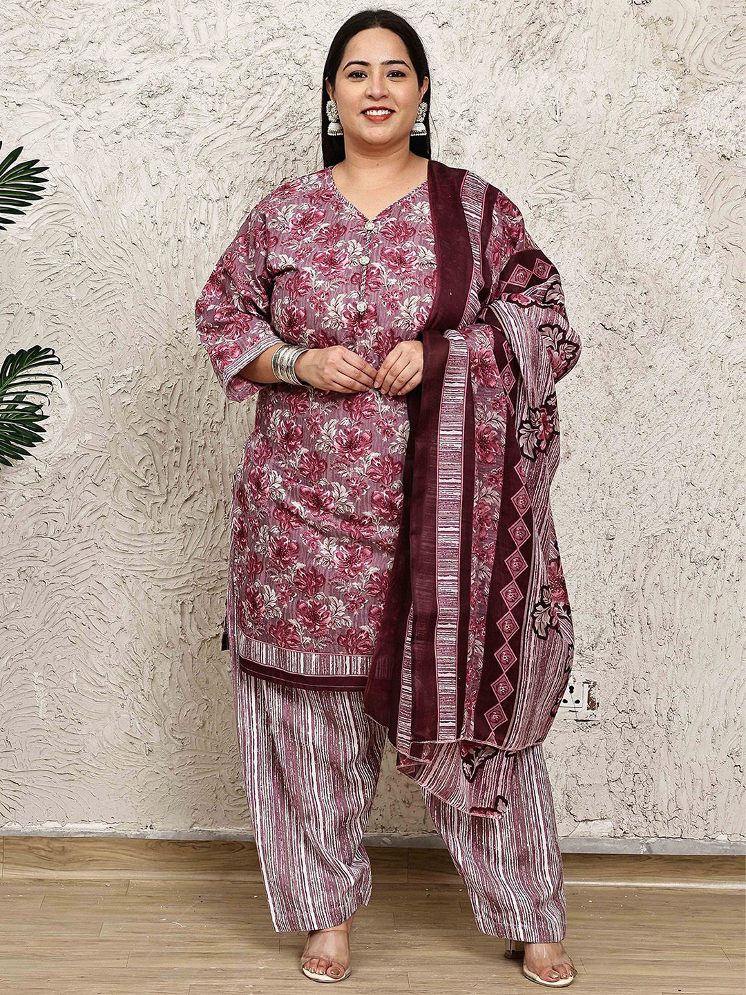 Merira Women Plus Size Floral Printed Kurta with Salwar & Dupatta