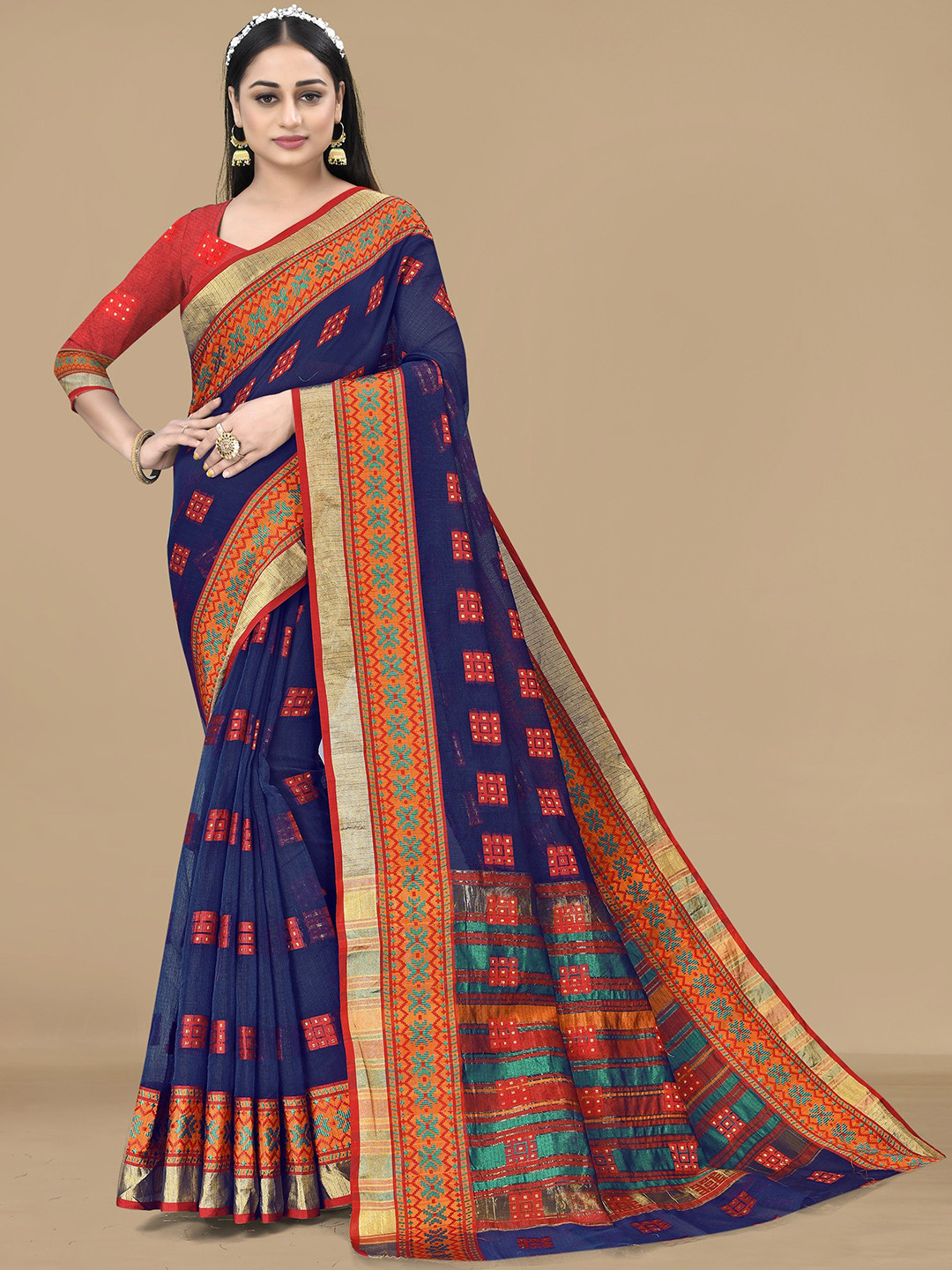 Moda Rapido Woven Design Embroidered Cotton Zari Patta Saree