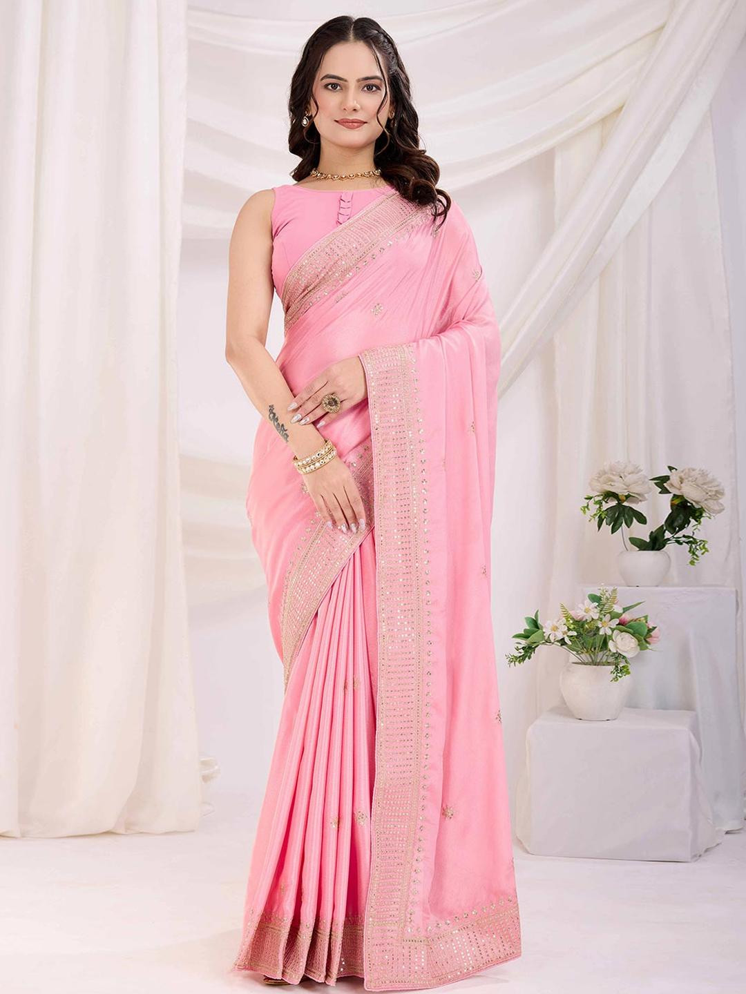 Women Pink Floral Embroidery and Sequin Chinon Silk Saree with Unstitched Blouse Piece