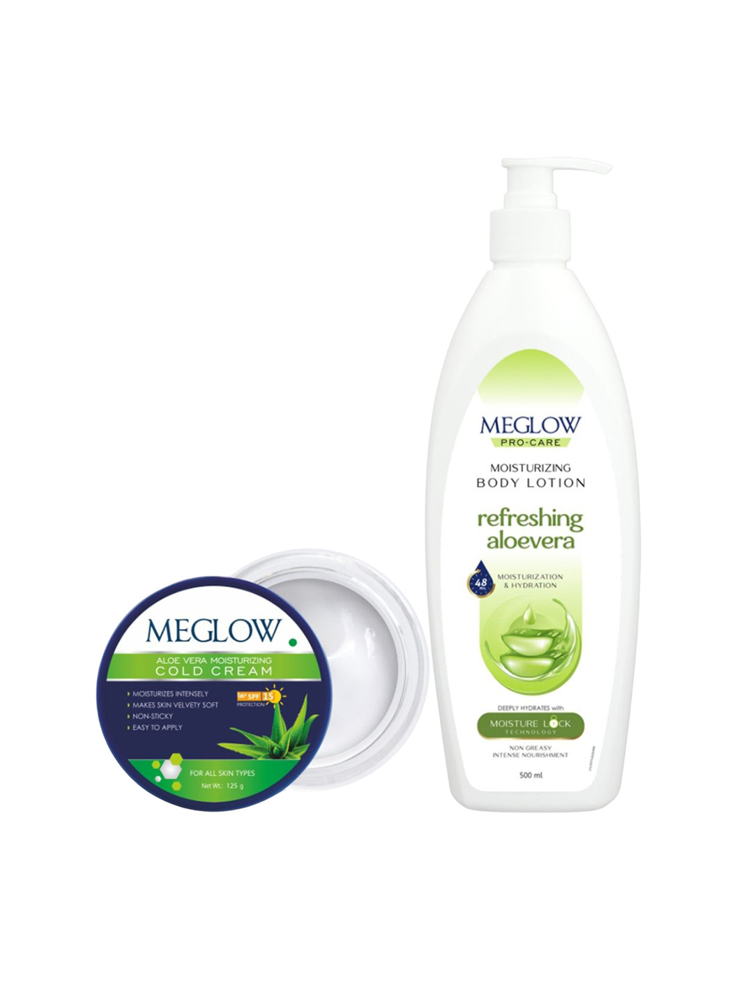 MEGLOW Set Of 2 Aloe Vera Moisturizing Cold Cream- 125 g & Body Lotion- 500 ml