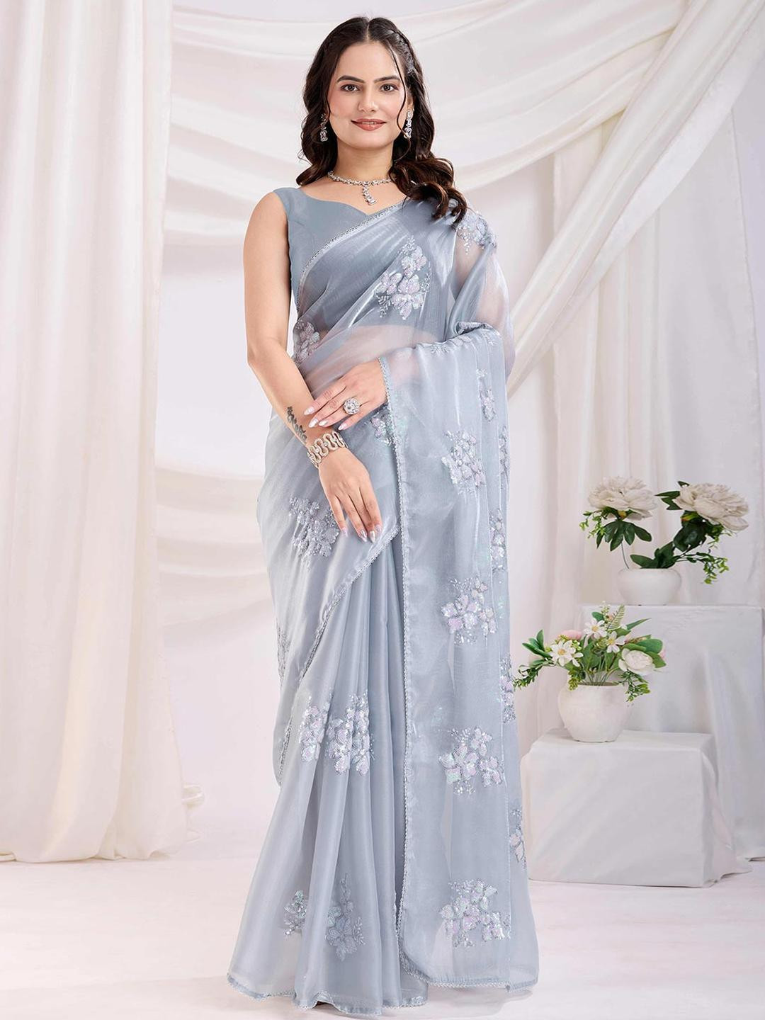 Women Grey Floral Sequin Embroidery Jimmy Choo Silk Blend Saree with Unstitched Blouse Piece