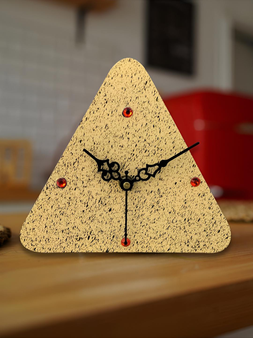 OLIVE TREE Beige Abstract Printed Geometric Wooden Analogue Table Clock