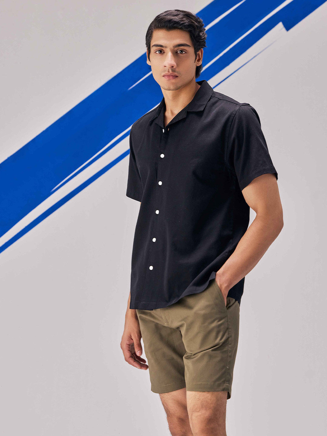 UNSTD Men Plus Size Black Cuban Collar Relaxed Fit Casual Shirt