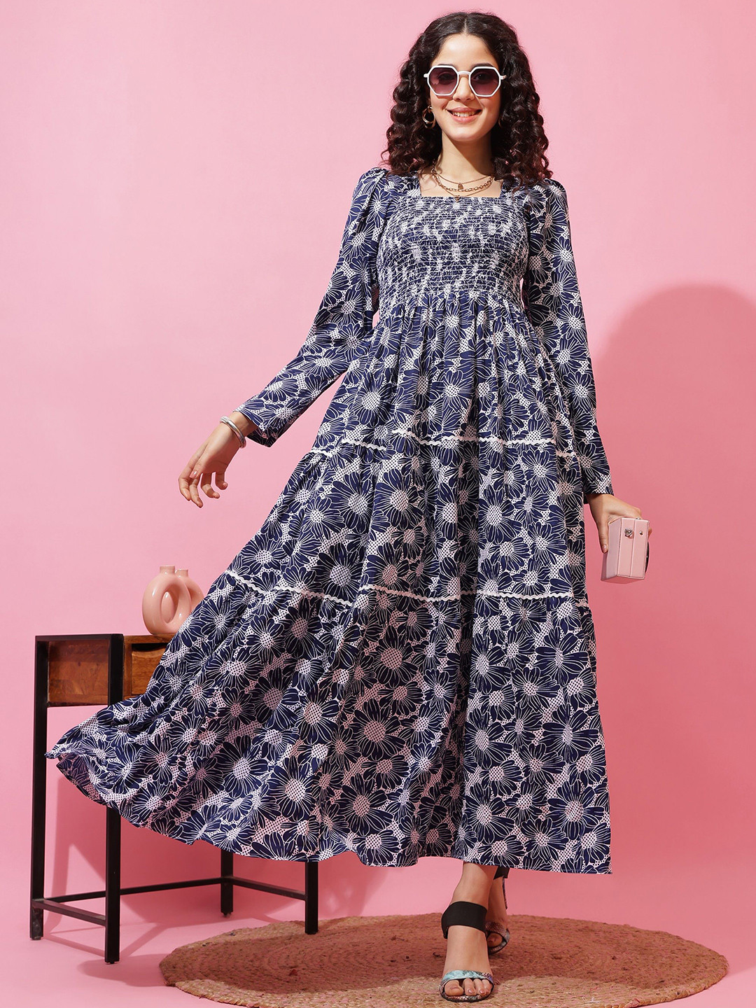 SHEETAL Associates Women Floral Printed Square Neck Puff Sleeves Smocked Fit & Flare Dress
