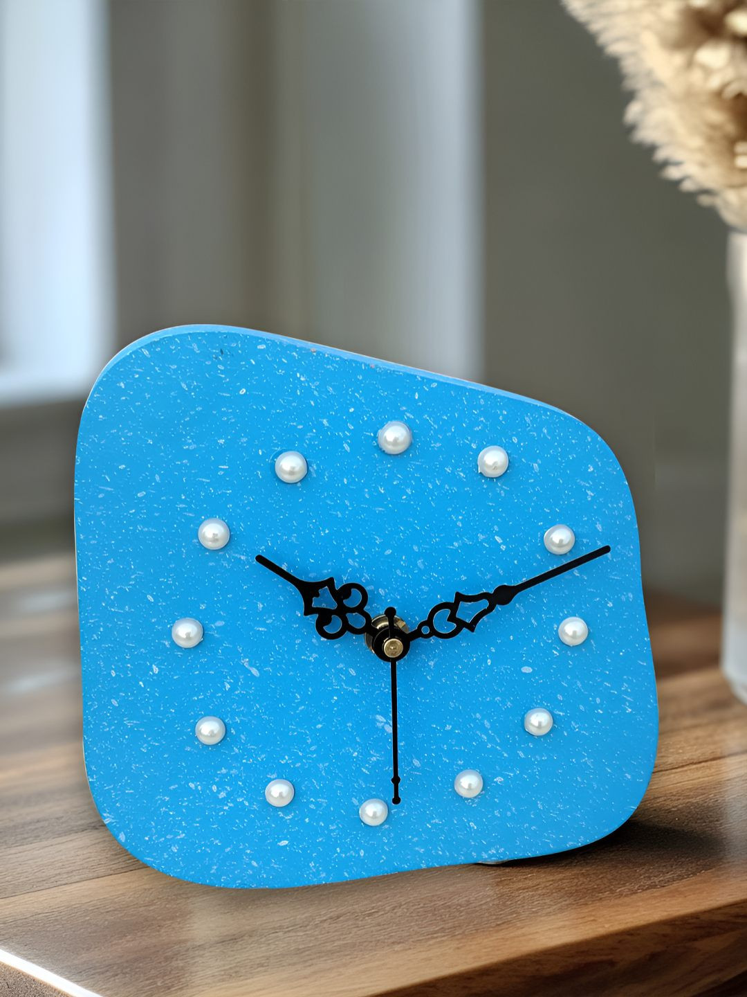 OLIVE TREE Blue Geometric Abstract Printed Geometric Wooden Analogue Table Clock