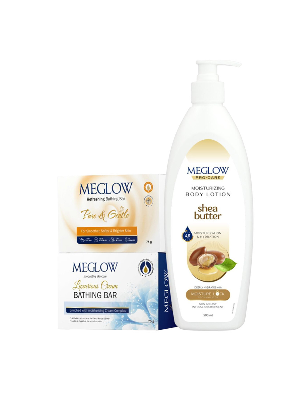 MEGLOW Set Of 3 Body Lotion - 500 ml & Refreshing & Luxuroius Cream Soap - 75 g Each