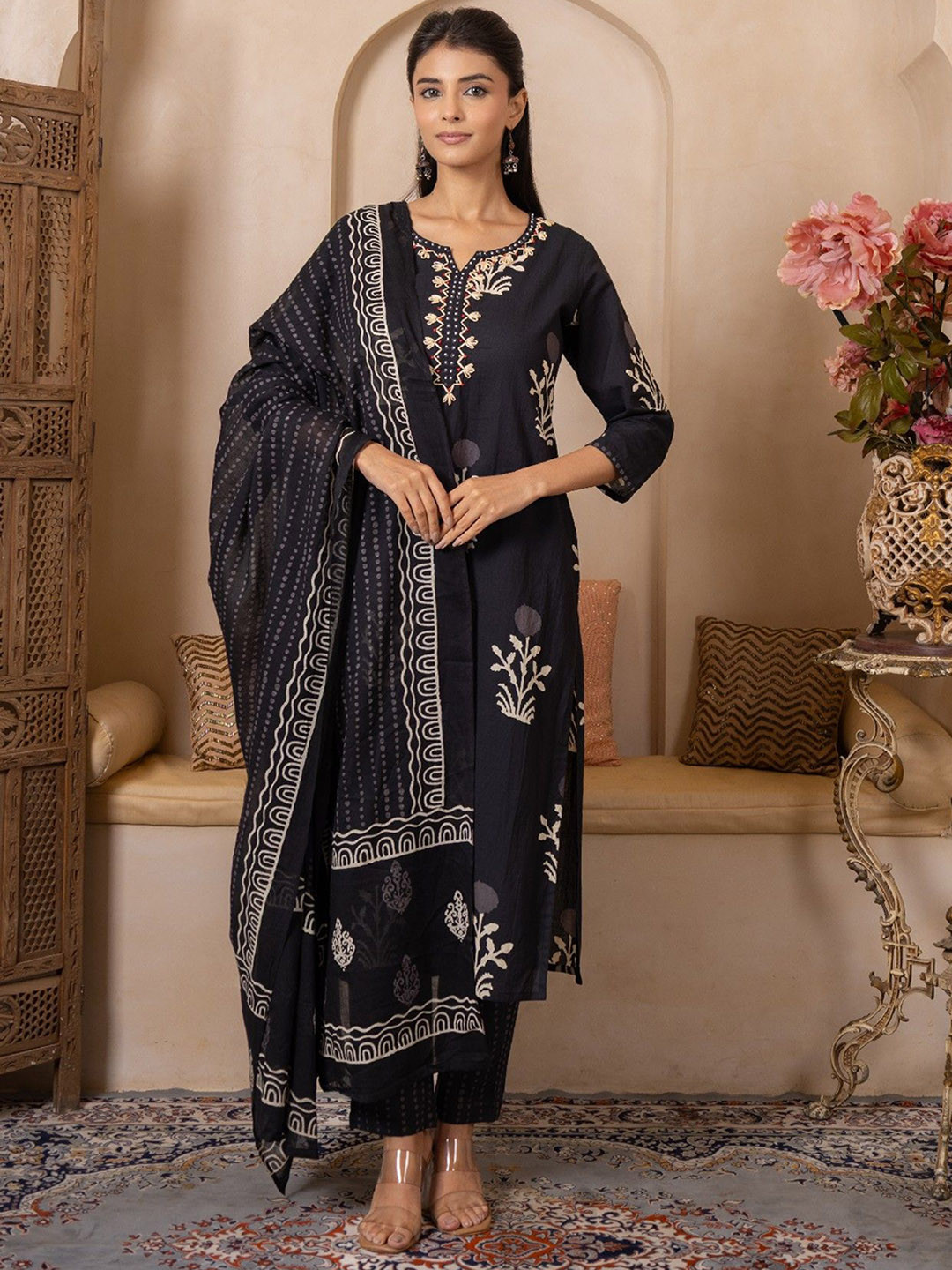 SHIVARA Ethnic Motifs Print Beads & Stones Pure Cotton Kurta with Trousers & Dupatta