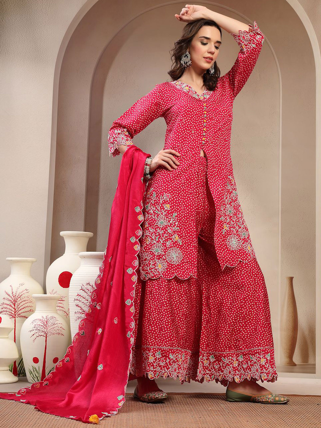 Sangria Women Bandhani Embroidered A-Line Kurta with Sharara & Dupatta