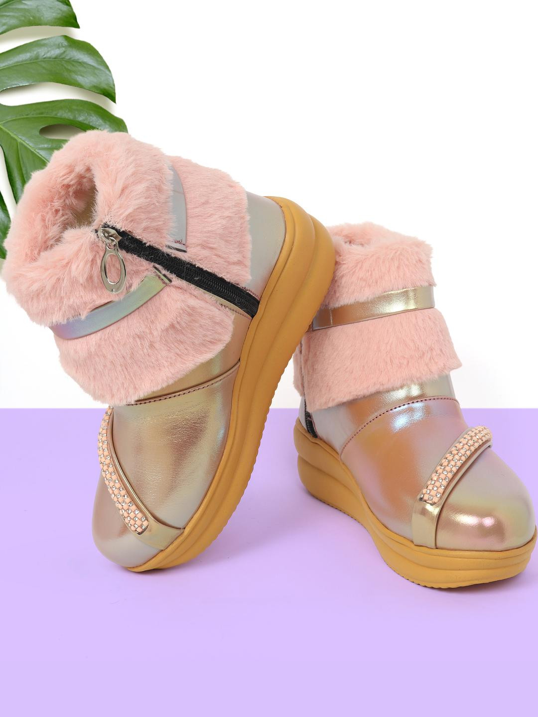 Girls Pink Faux Fur Fashion Boots with Rhinestone Strap