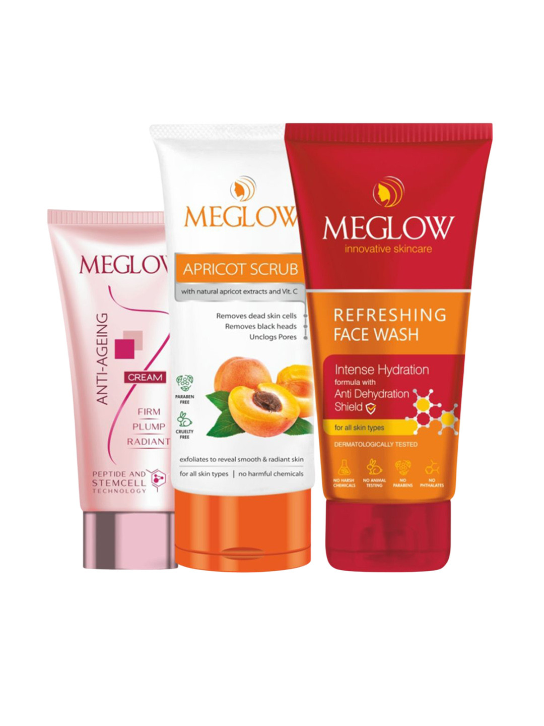 MEGLOW Set Of 3 Apricot Scrub- 70 g- Anti Ageing Cream- 30 g & Face Wash- 70 g