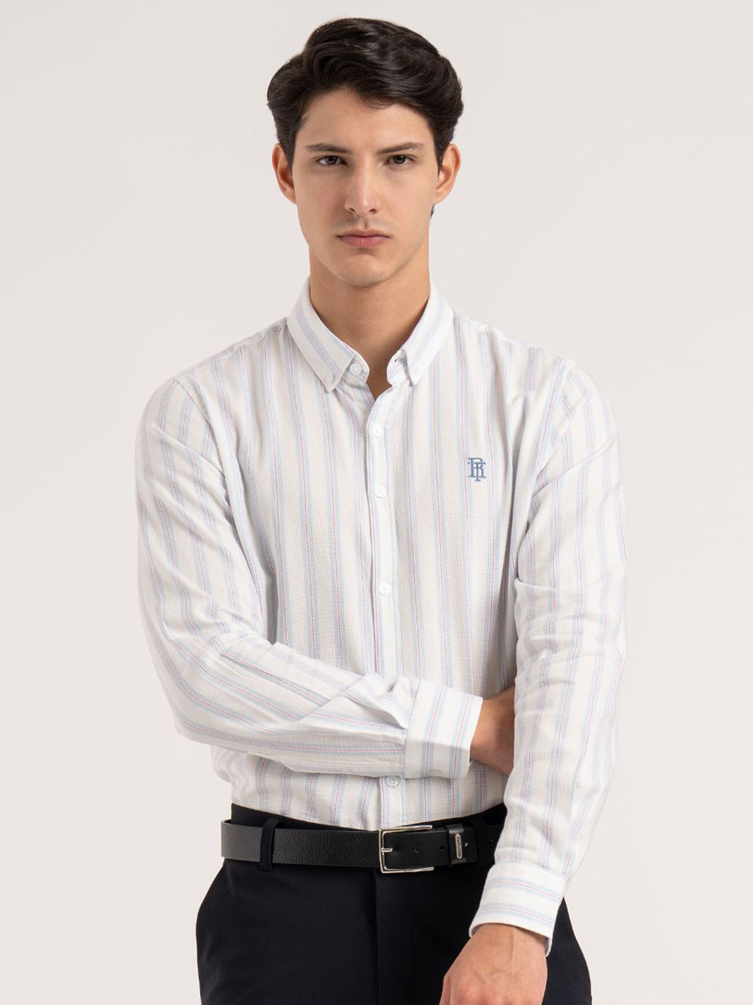 Red Tape Striped Button-Down Collar Relaxed Fit Pure Cotton Formal Shirt