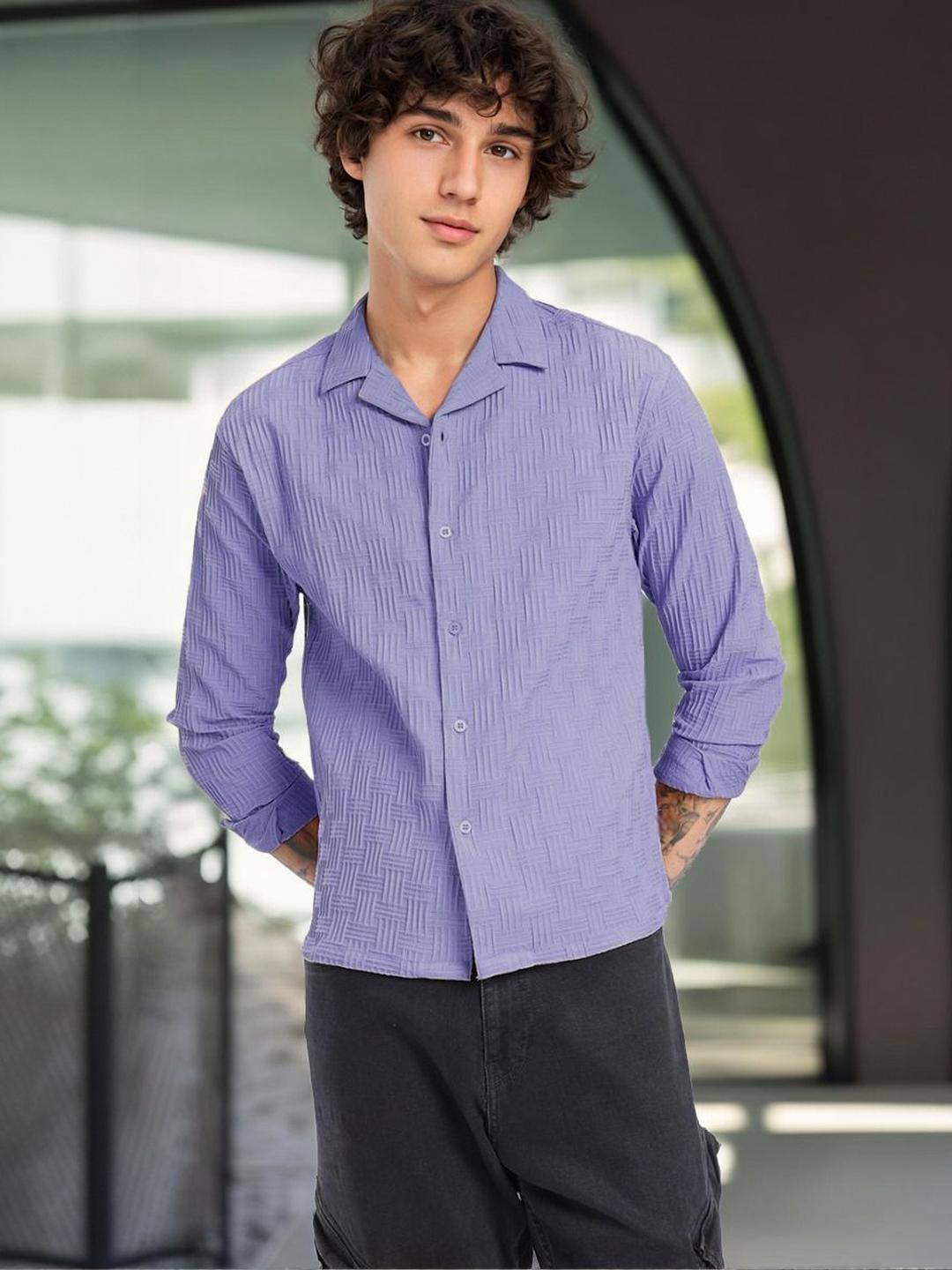 Lavender Regular Fit Textured Semi Sheer Spread Collar Shirt