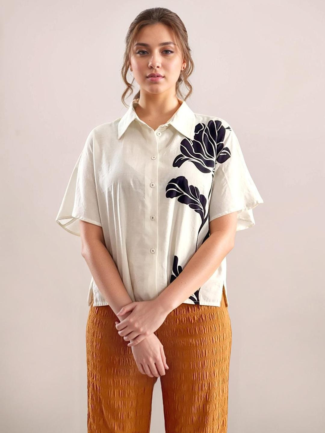 Zink London Women White Floral Print Short Sleeves Cotton Blouson Top