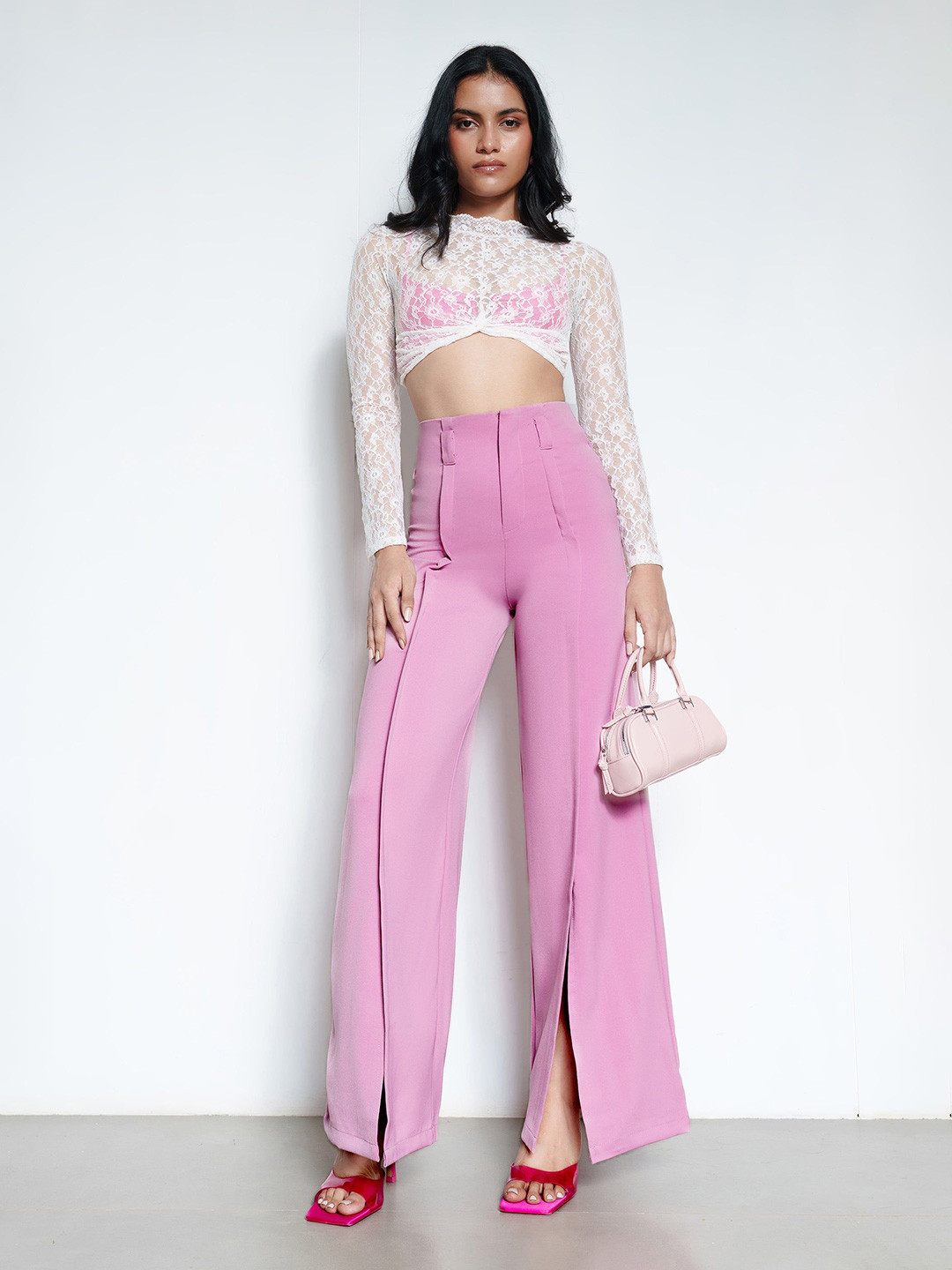 Flora Pink Front Slit High-Rise Wide Leg Korean Pants