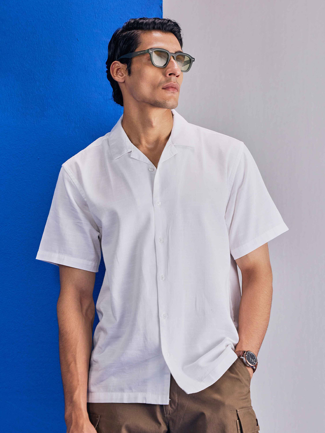 UNSTD Men Plus Size White Cuban Collar Relaxed Fit Casual Shirt