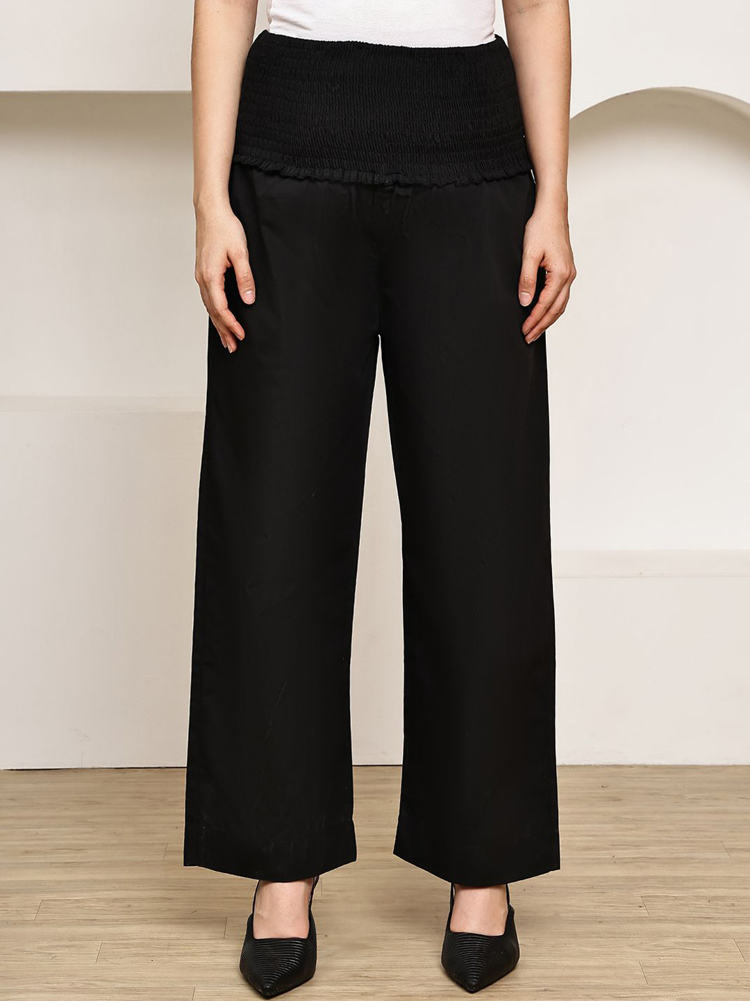 Secret Wish Women Relaxed Straight Leg High-Rise Poplin Maternity Trousers