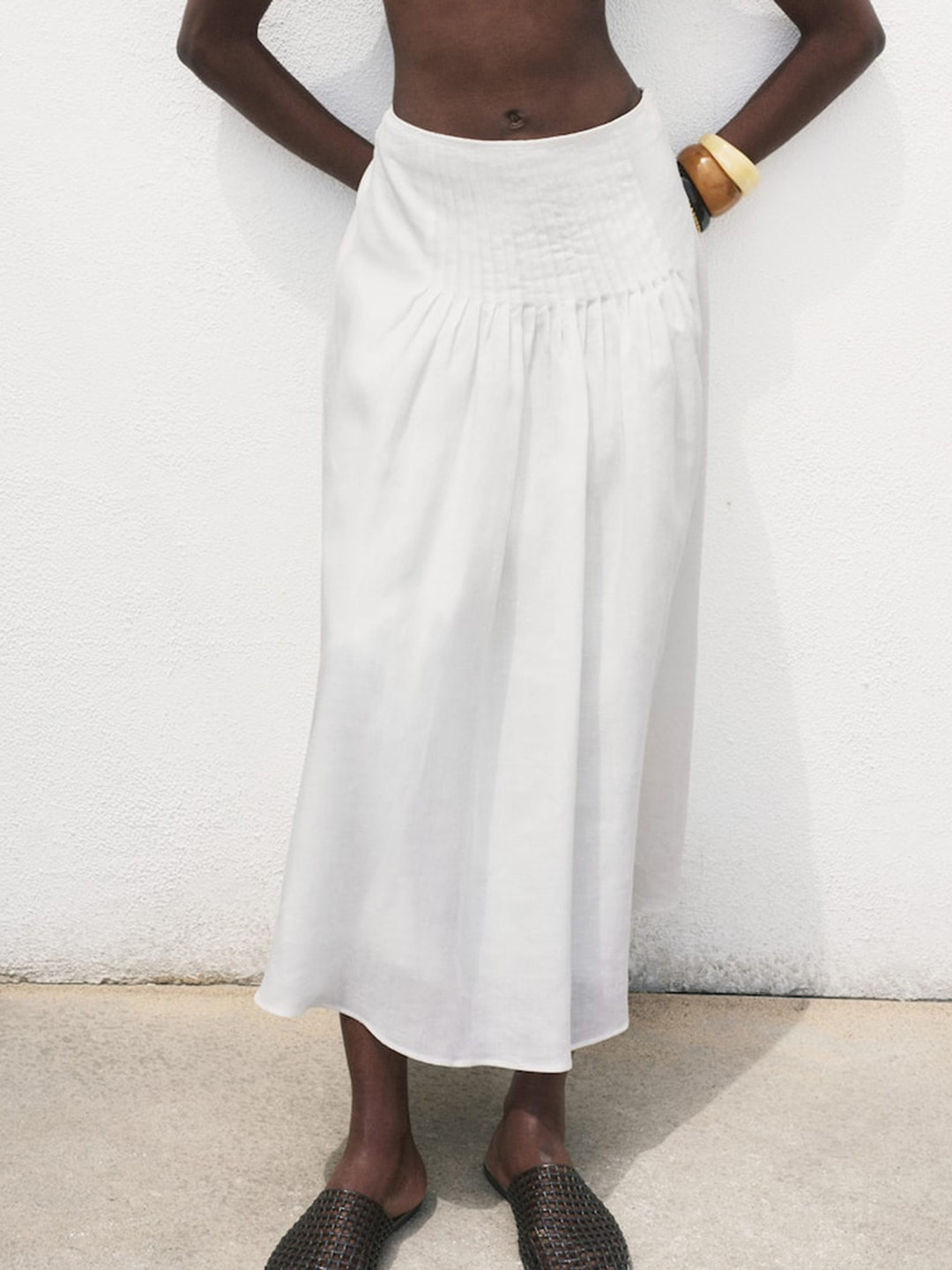 MANGO Ramie Pleated A-Line Midi Skirt