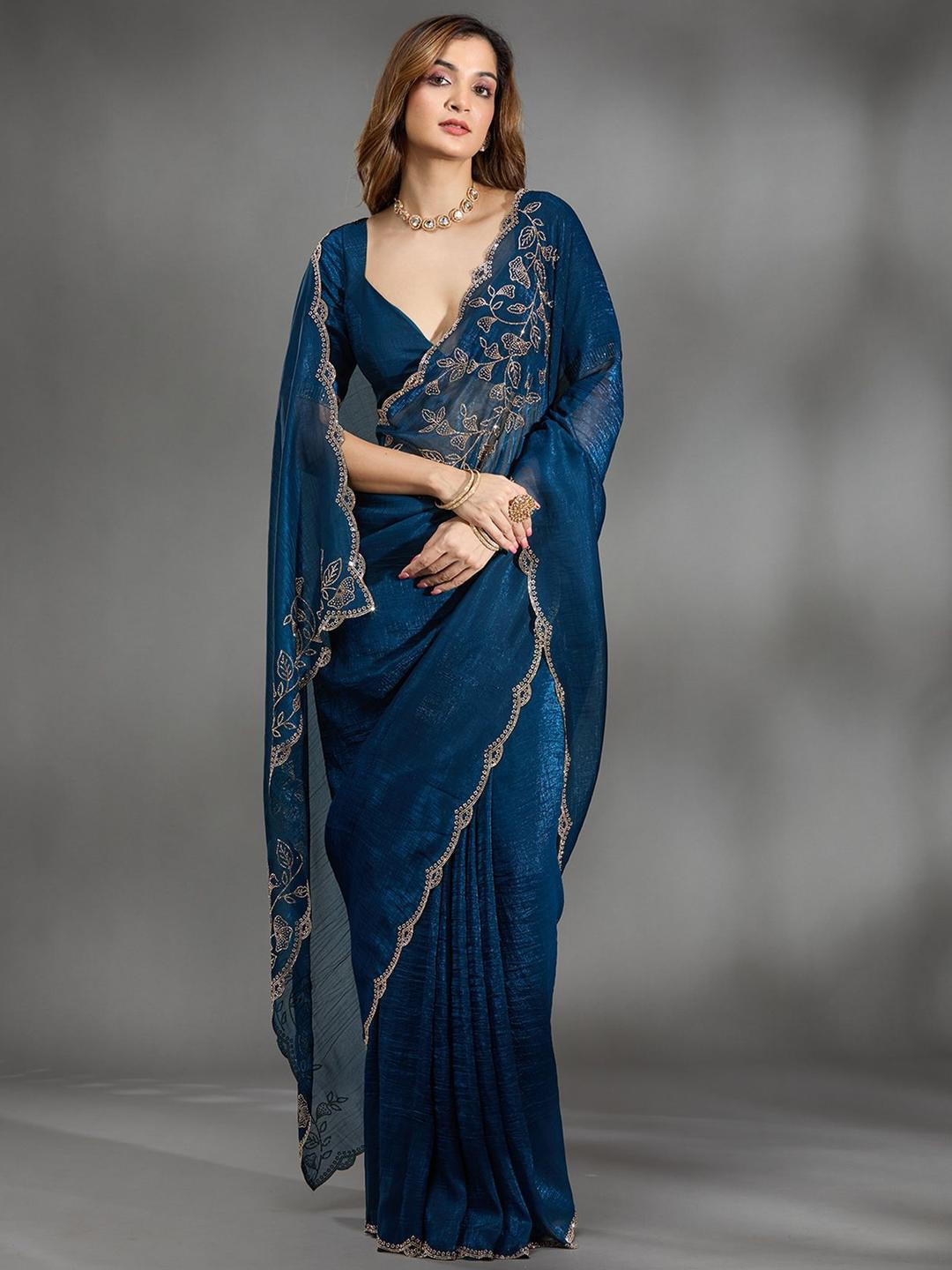 Koskii Navy Blue Stonework Gold Georgette Saree