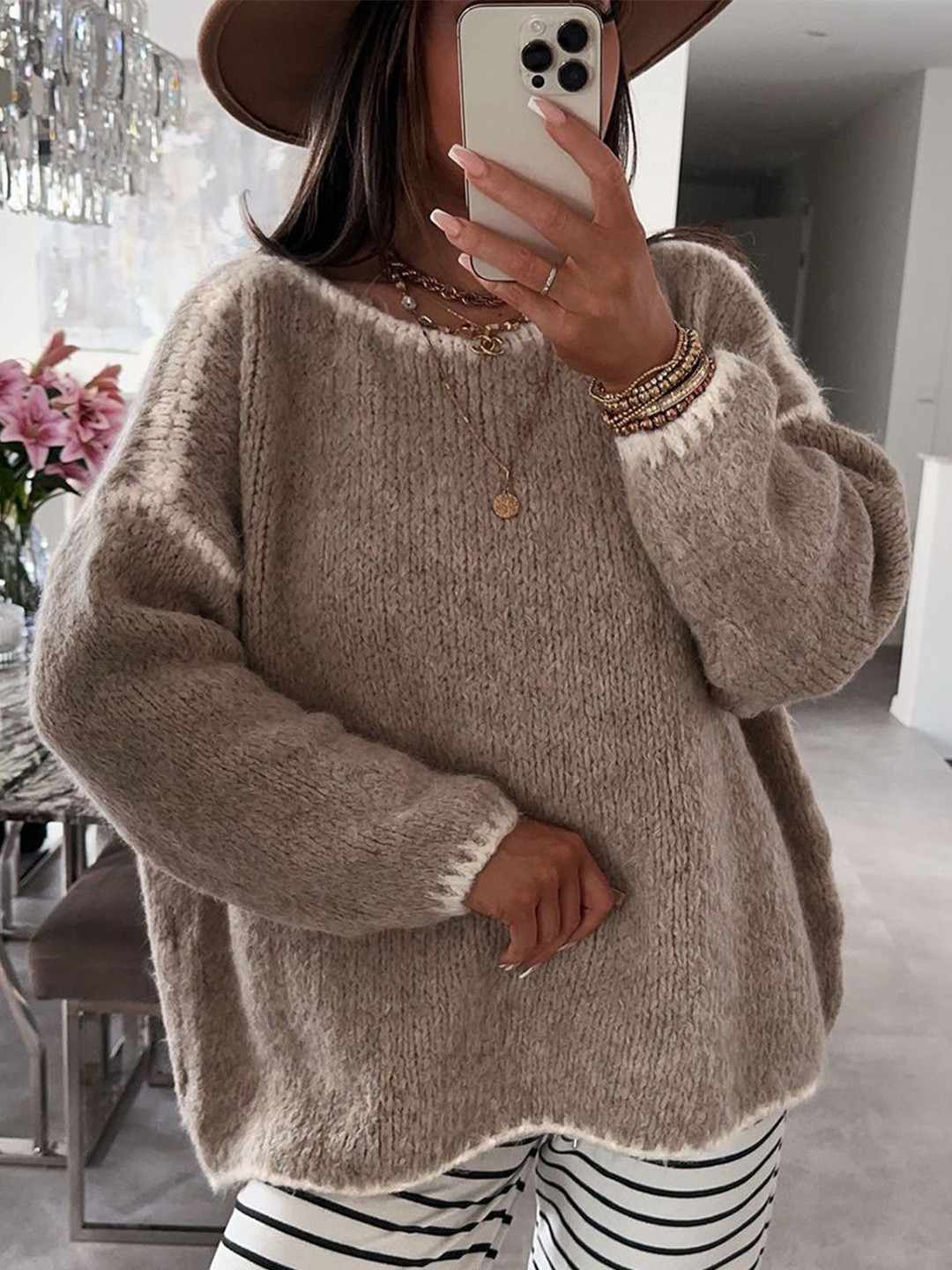 all about you Women Contrast Stitch Oversized Pullover