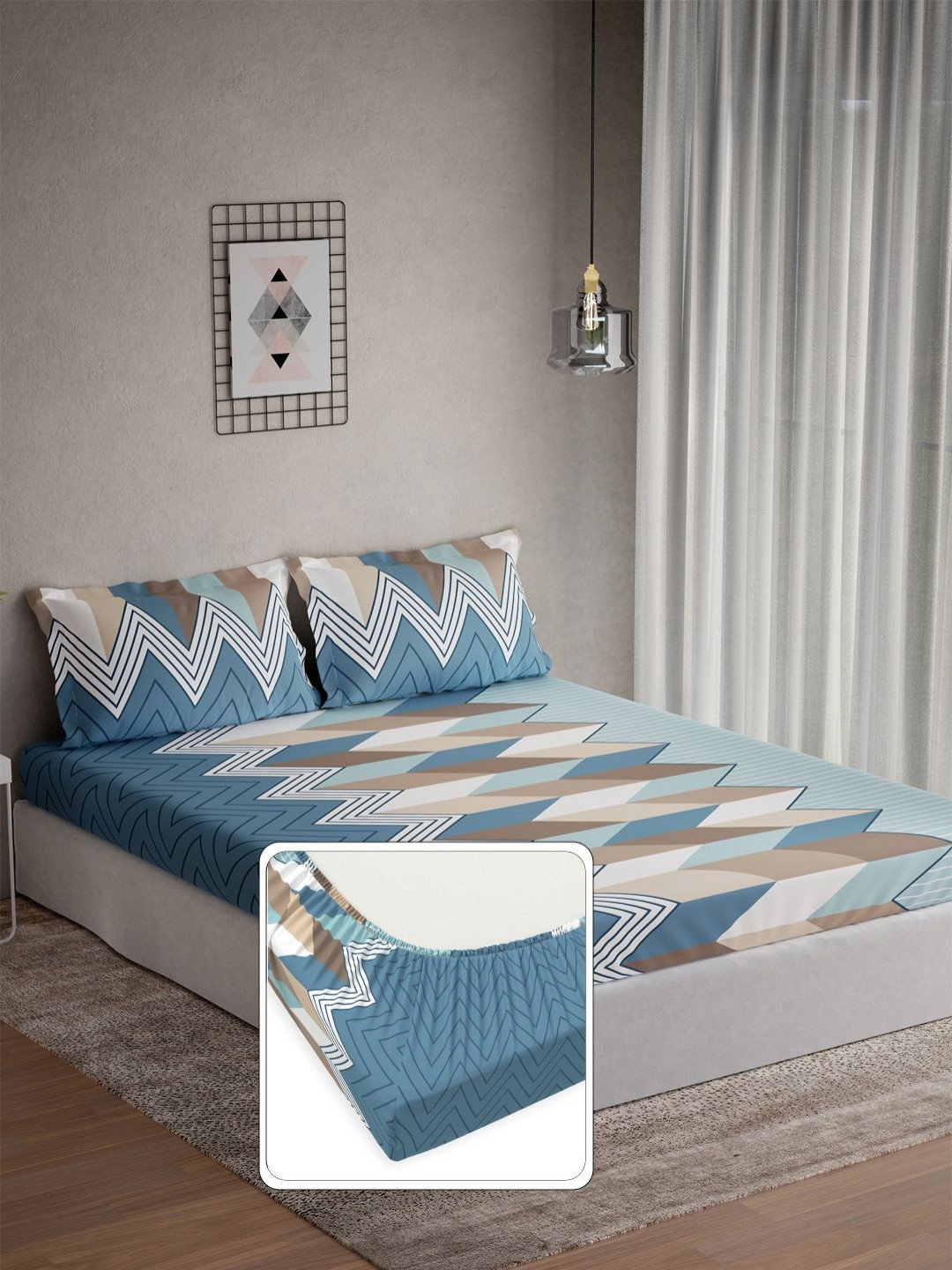 DDecor Omega Blue Geometric Cotton 144 TC Fitted Double King Bedsheet Set-1.82 m X 1.98 m