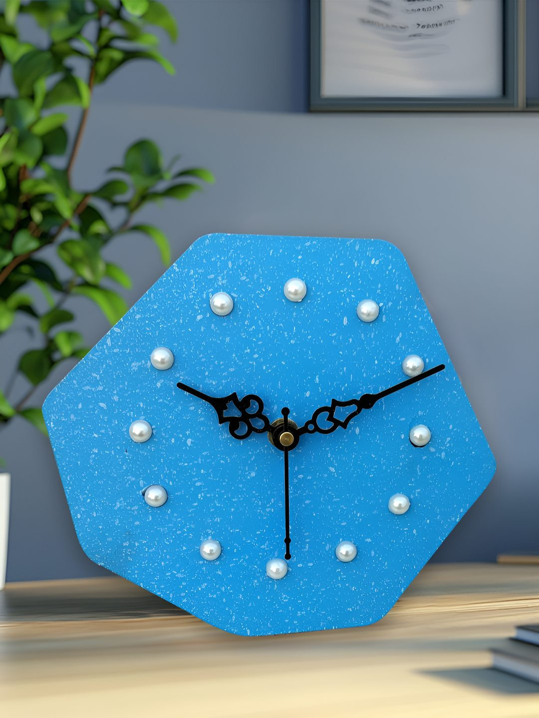 OLIVE TREE Blue Geometric Abstract Printed Geometric Wooden Analogue Table Clock