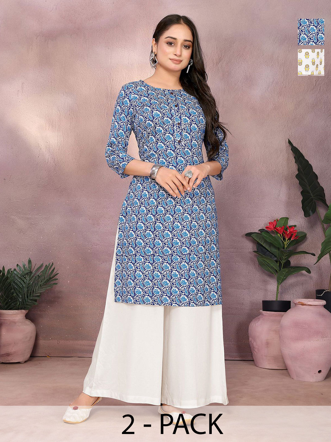 Rangita Collection Of 2 Ethnic Motifs Printed Round Neck Straight Kurtas