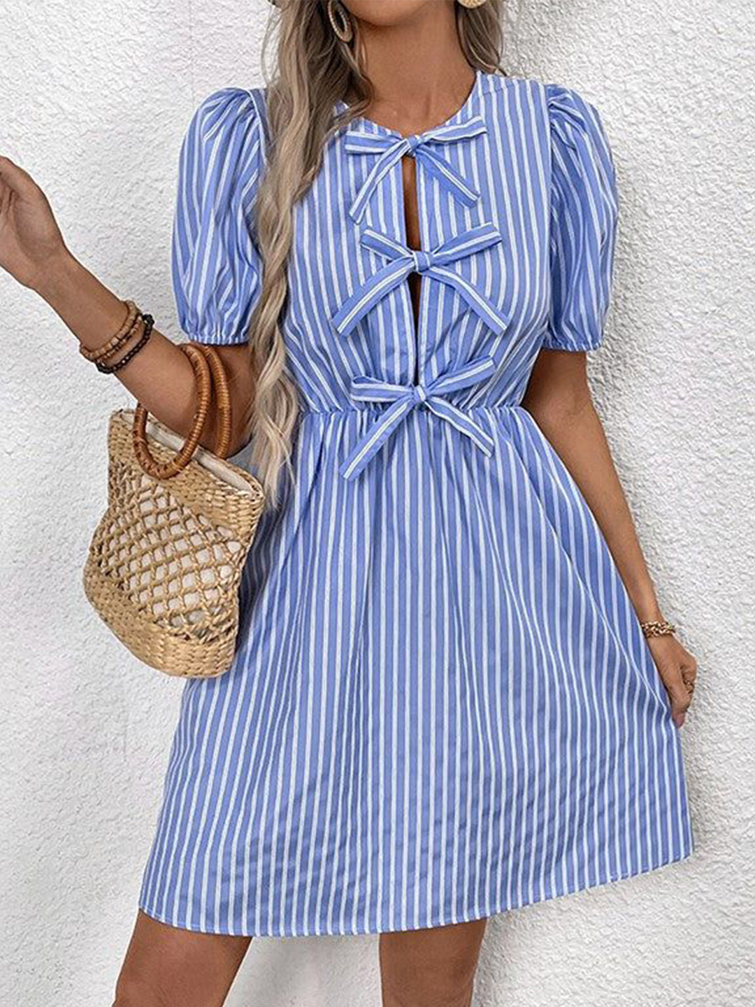 Outzidr Women Striped Puff Sleeves Fit and Flare Dress