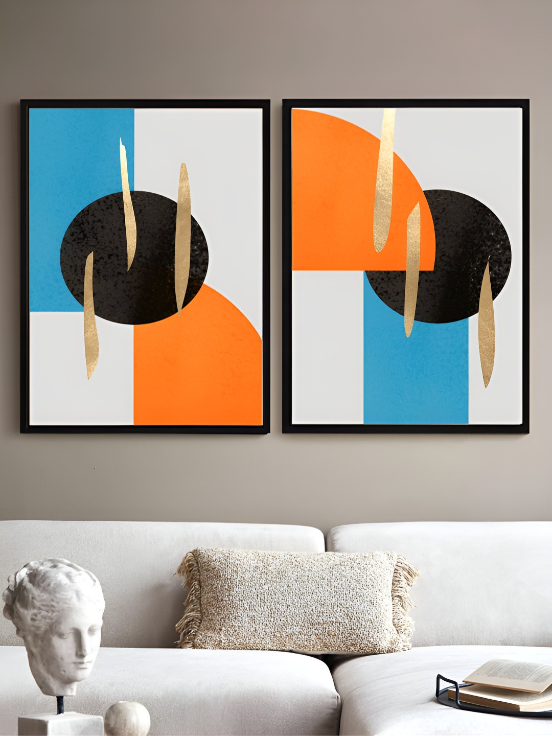 Myntra Elegant Homes Blue & Orange Set of 2 Piece Canvas Abstract Wall Paintings