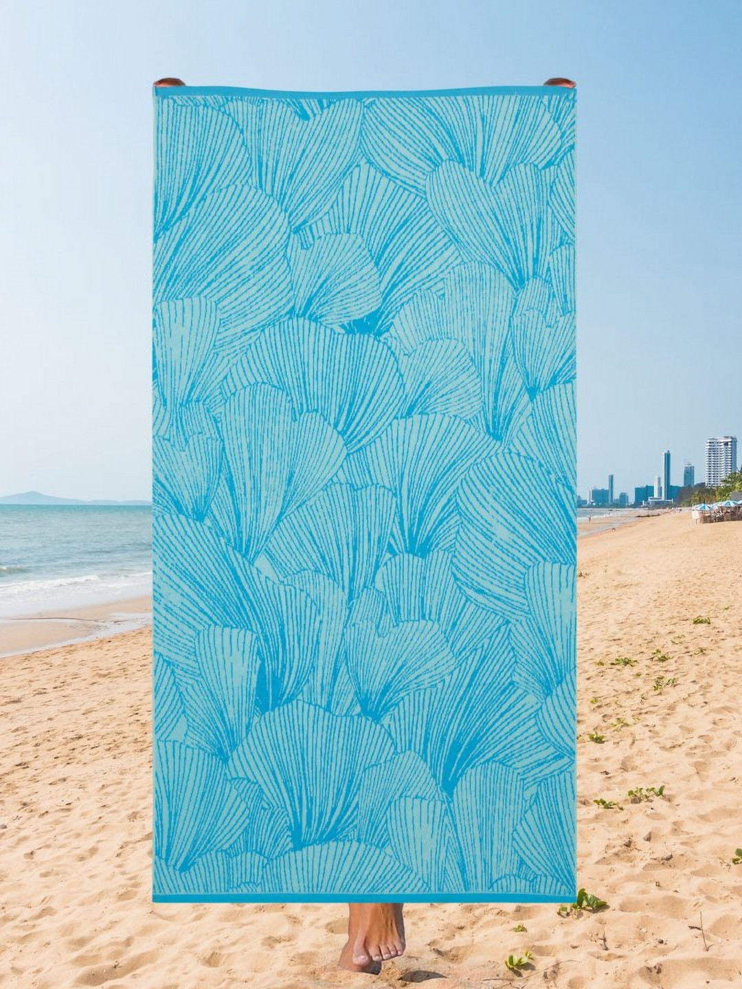 Creeva Blue Leaf Printed 500 GSM Cotton Beach Towel