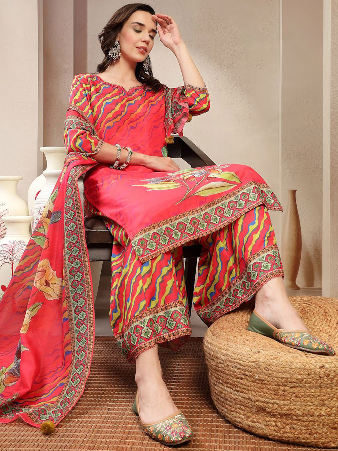 Ramas Leheriya Embroidered Mirror Work Straight Kurta With Palazzos And Dupatta