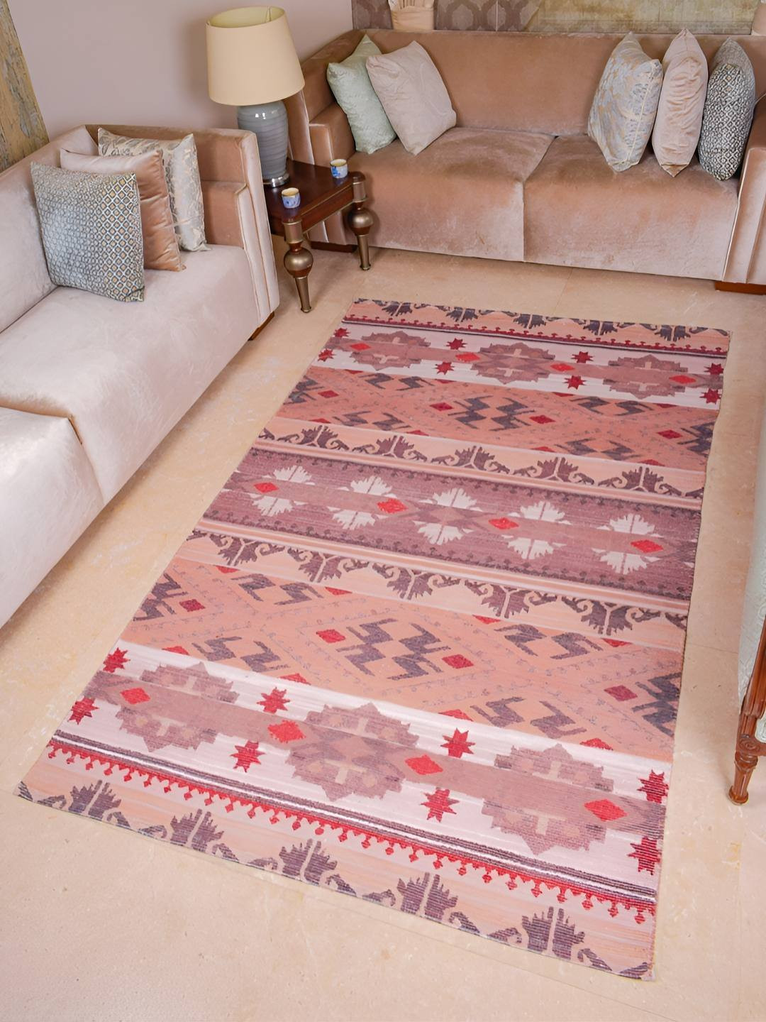 Mona B Peach-Colored & Brown Vintage Printed Cotton Dhurrie