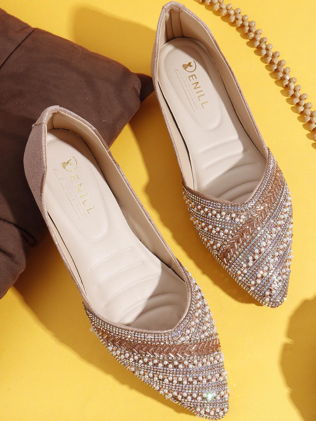 Denill Women Gold Ethnic Pointed Toe Embellished Slip-On Mojaris
