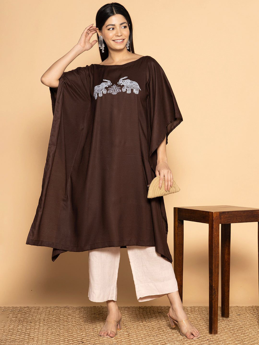 LetsDressUp Gaja Aniamal Printed Round Neck Kaftan Kurta