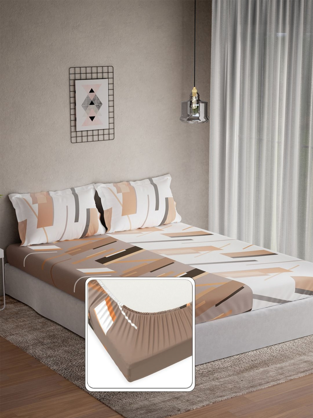 DDecor Omega Brown Geometric Cotton 144 TC Fitted Double King Bedsheet Set-1.82 m X 1.98 m