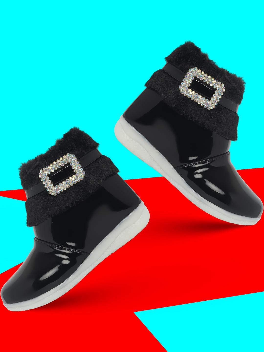 Freeplay Girls Rhinestone With Faux Fur Buckle & Light-Up Sole Boots