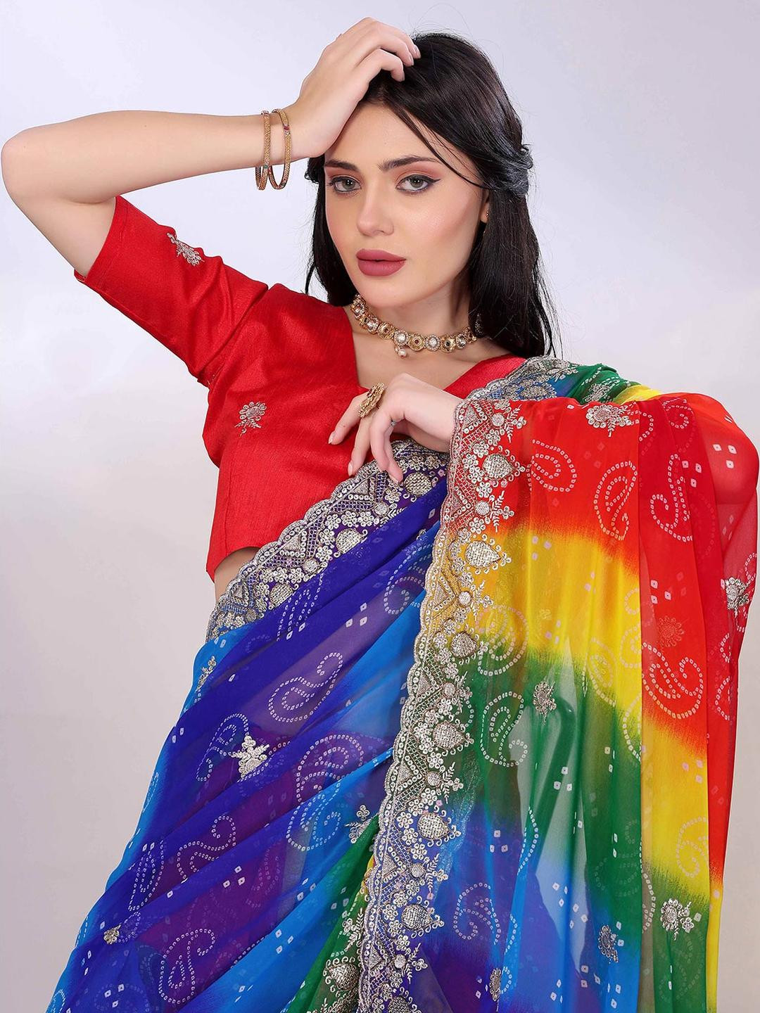 Women Multicolor Bandhani Printed Georgette Saree with Floral Sequin Embroidery and Unstitched Blouse Piece