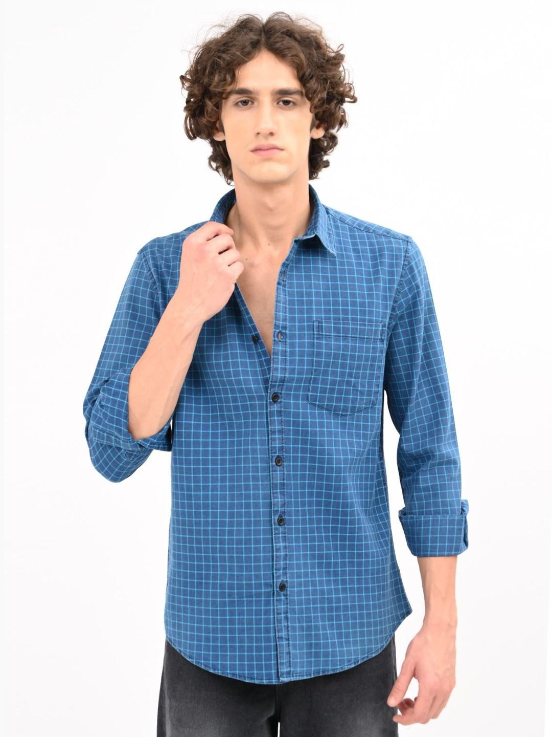 Blu MNKY Classic Slim Fit Checked Spread Collar Long Sleeves Pure Cotton Shirt